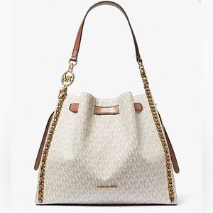 MICHAEL KORS MINA LARGE SIGNATURE LOGO CHAIN SHOULDER BAG (Vanilla)